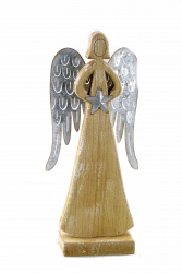 Engel aus Holz mit Flügeln aus Metall, natur-antikgrau 