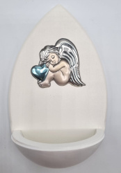 Weihwasserkessel Schutzengel silber mit blauem Herz, weiß 