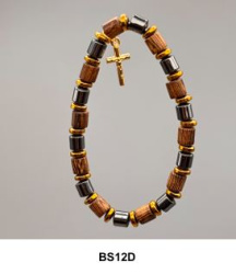 Armband Holz/Hämatit, Kreuzanhänger goldfarben 