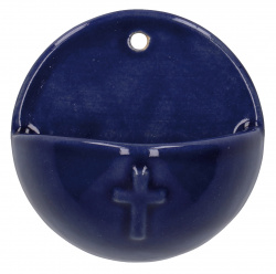 Weihwasserkessel "Kreuz" aus Keramik, blau glänzend 