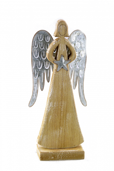 Engel aus Holz mit Flügeln aus Metall, natur-antikgrau 