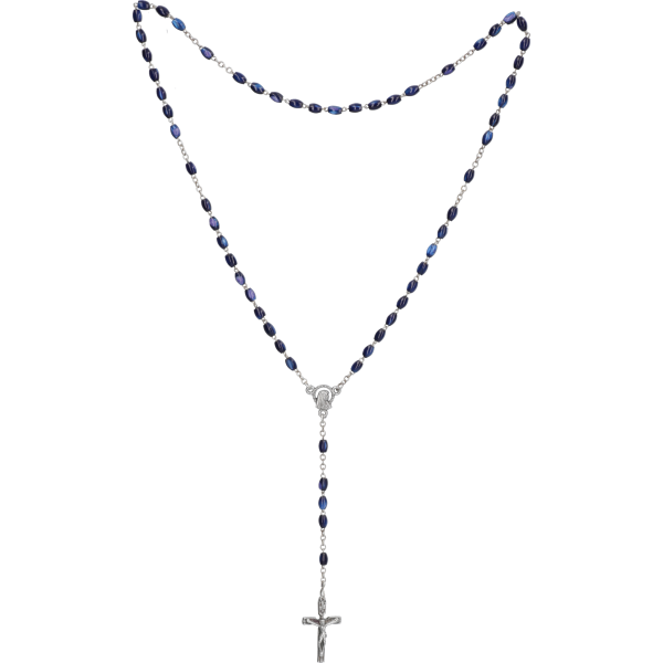 Rosenkranz mit blauen Perlmuttperlen Länge ca. 37 cm, Perlen oval, Ø 6 mm