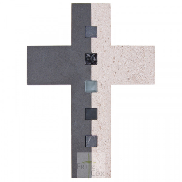 Steinkreuz "Deine Seiten" mit eingelegten Elementen aus Glas und Stein 
