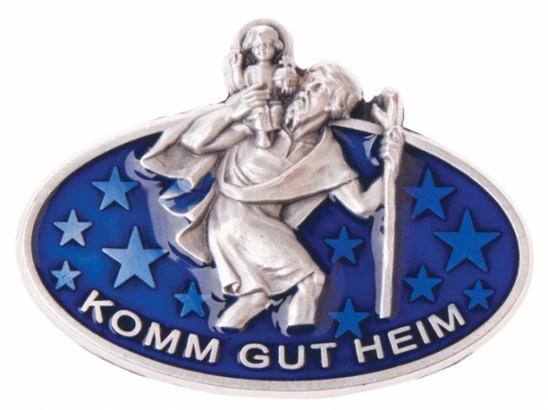 Autoplakette Christophorus oval "Komm gut heim" blau