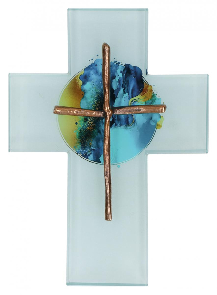 Glaskreuz mit Kreuz aus Bronze 