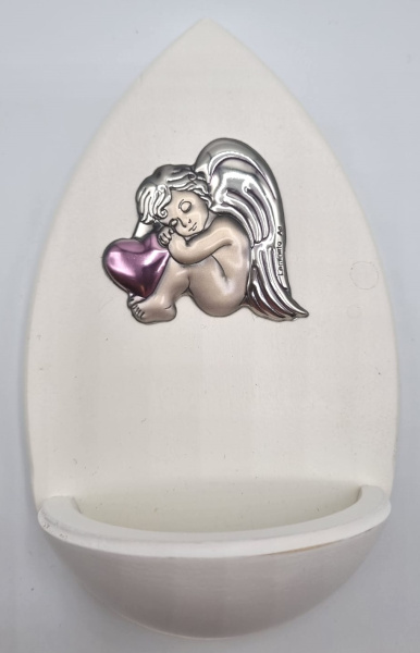 Weihwasserkessel Schutzengel silber mit rosa Herz, weiß 