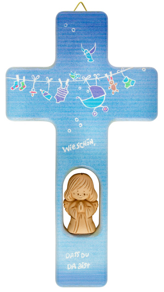 Kinderkreuz blau mit Tonengel "Wie schön, dass du da bist" 