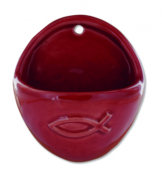 Weihwasserkessel "Fisch" aus Keramik, rot glänzend, oval 