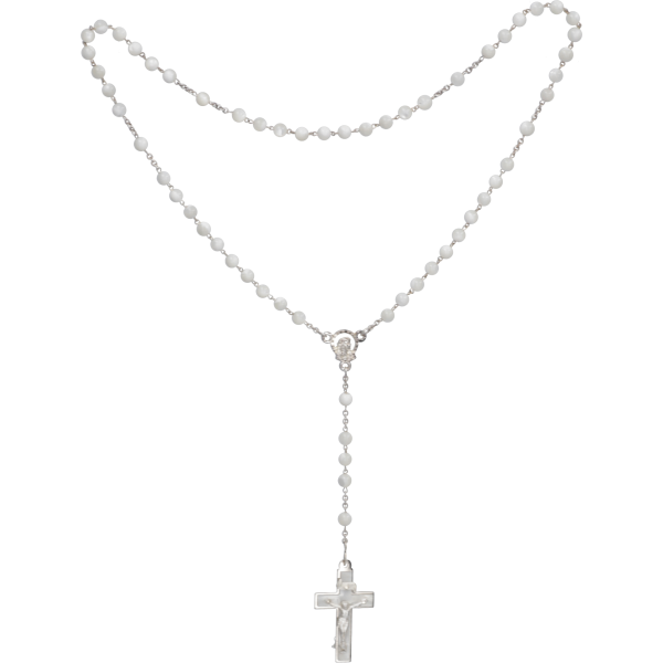 Rosenkranz mit weißen Perlmuttperlen Länge ca. 34 cm, Perlen rund, Ø 5 mm